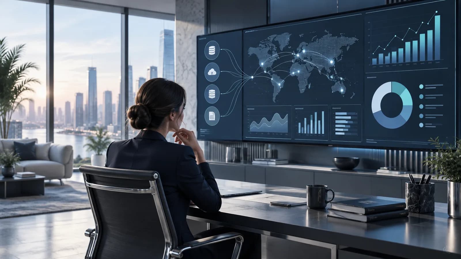 An executive reviewing connected data on a decision dashboard