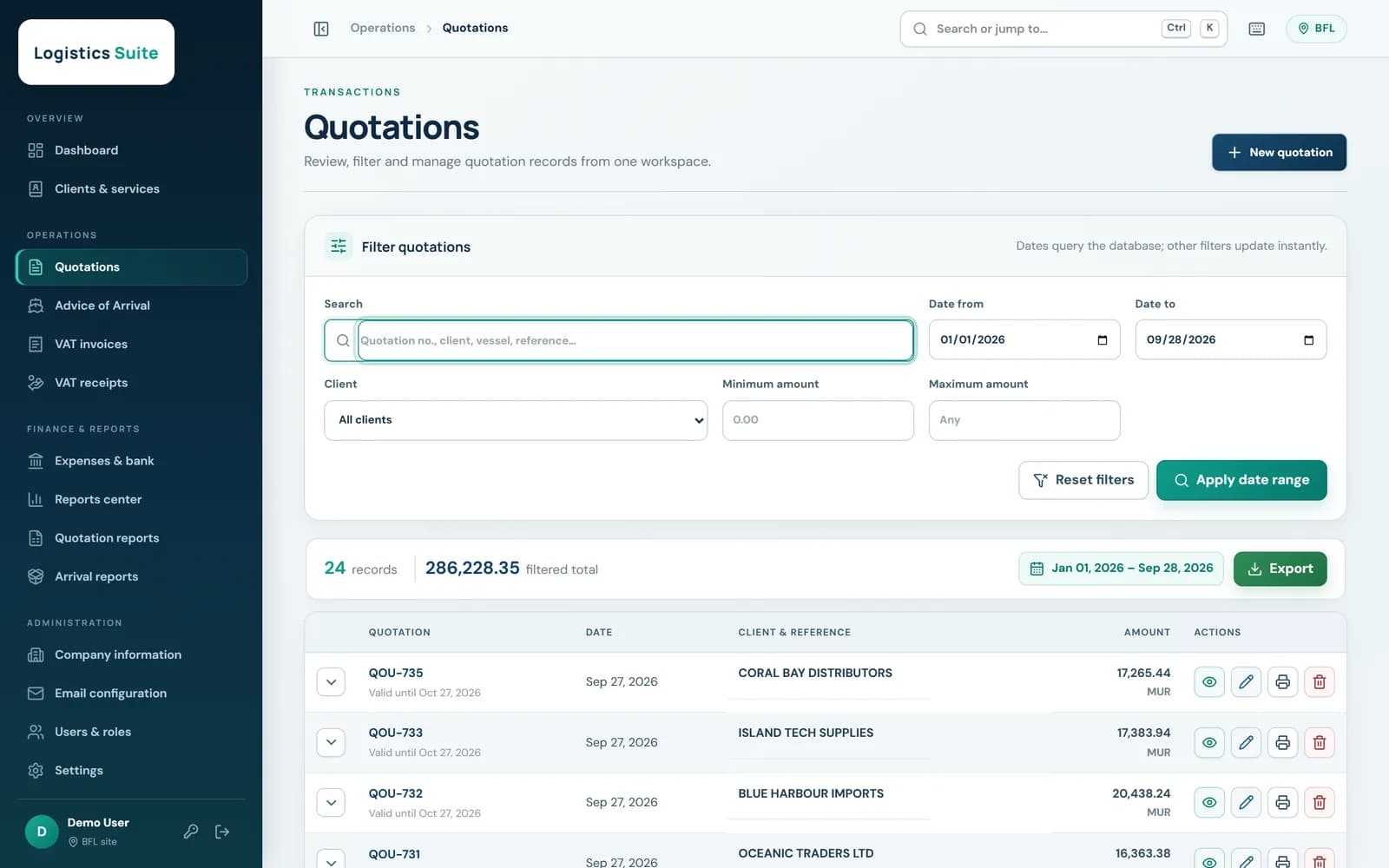 Quotation list with search, filters, totals and export
