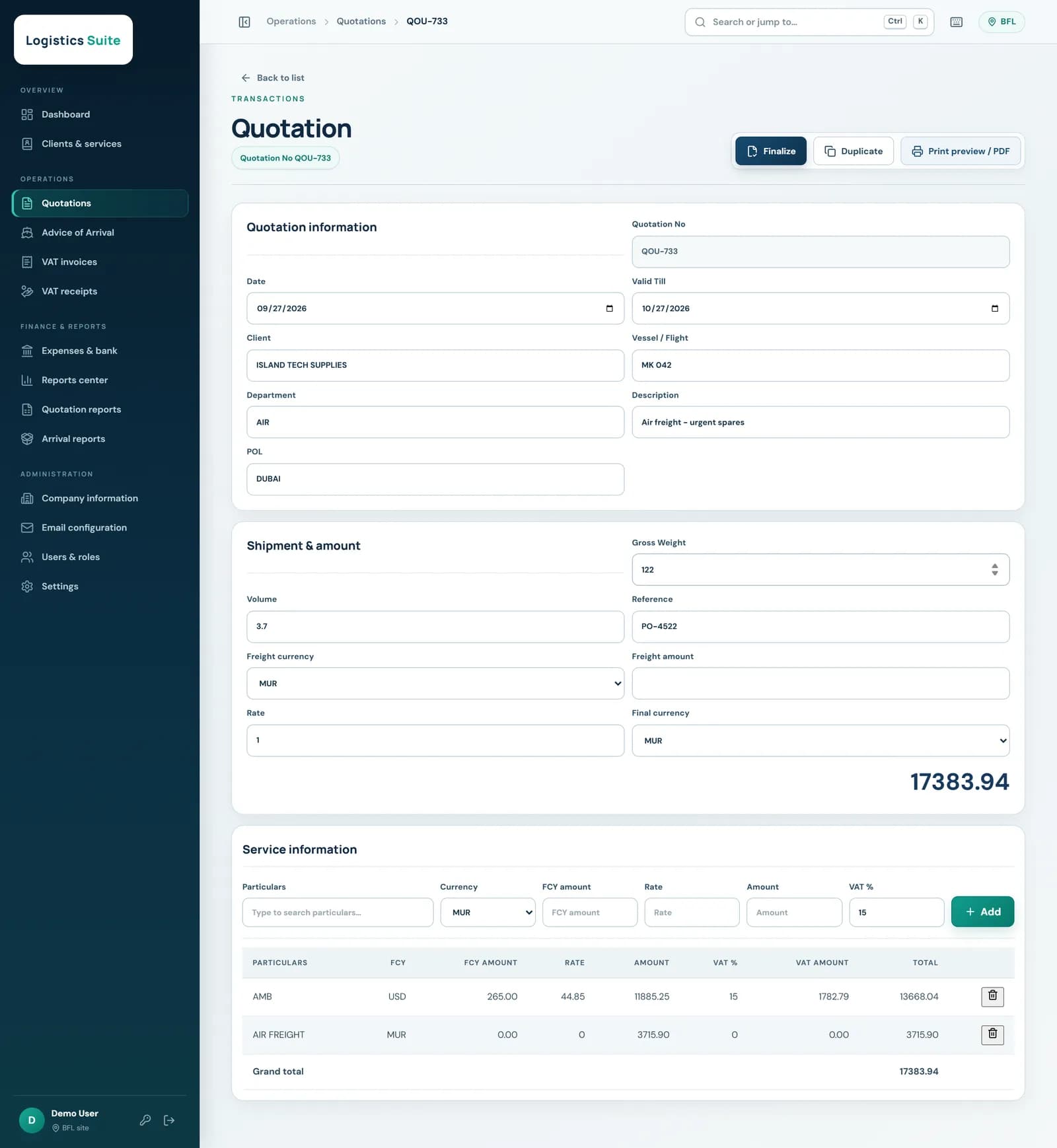 Quotation form with client, shipment details and service lines in USD and MUR with VAT