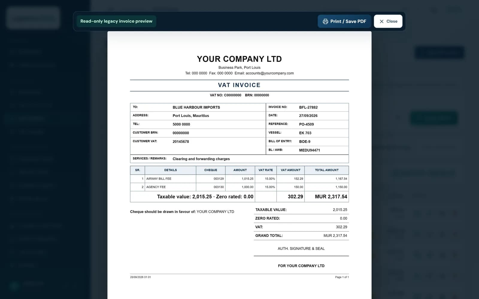 Printable A4 VAT invoice with service lines, VAT amounts and grand total