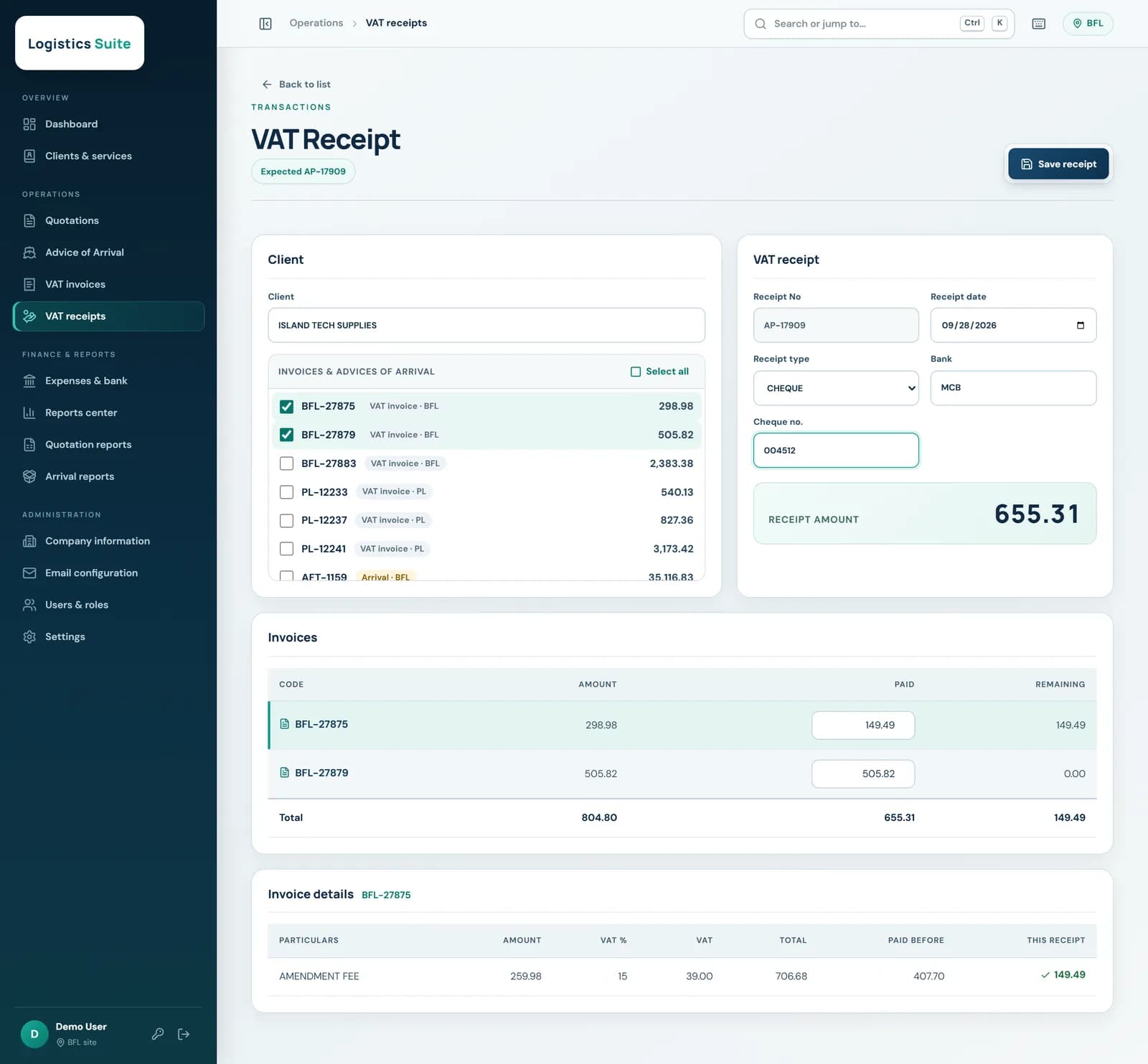 VAT receipt screen with open invoices ticked, one part payment and the receipt amount total