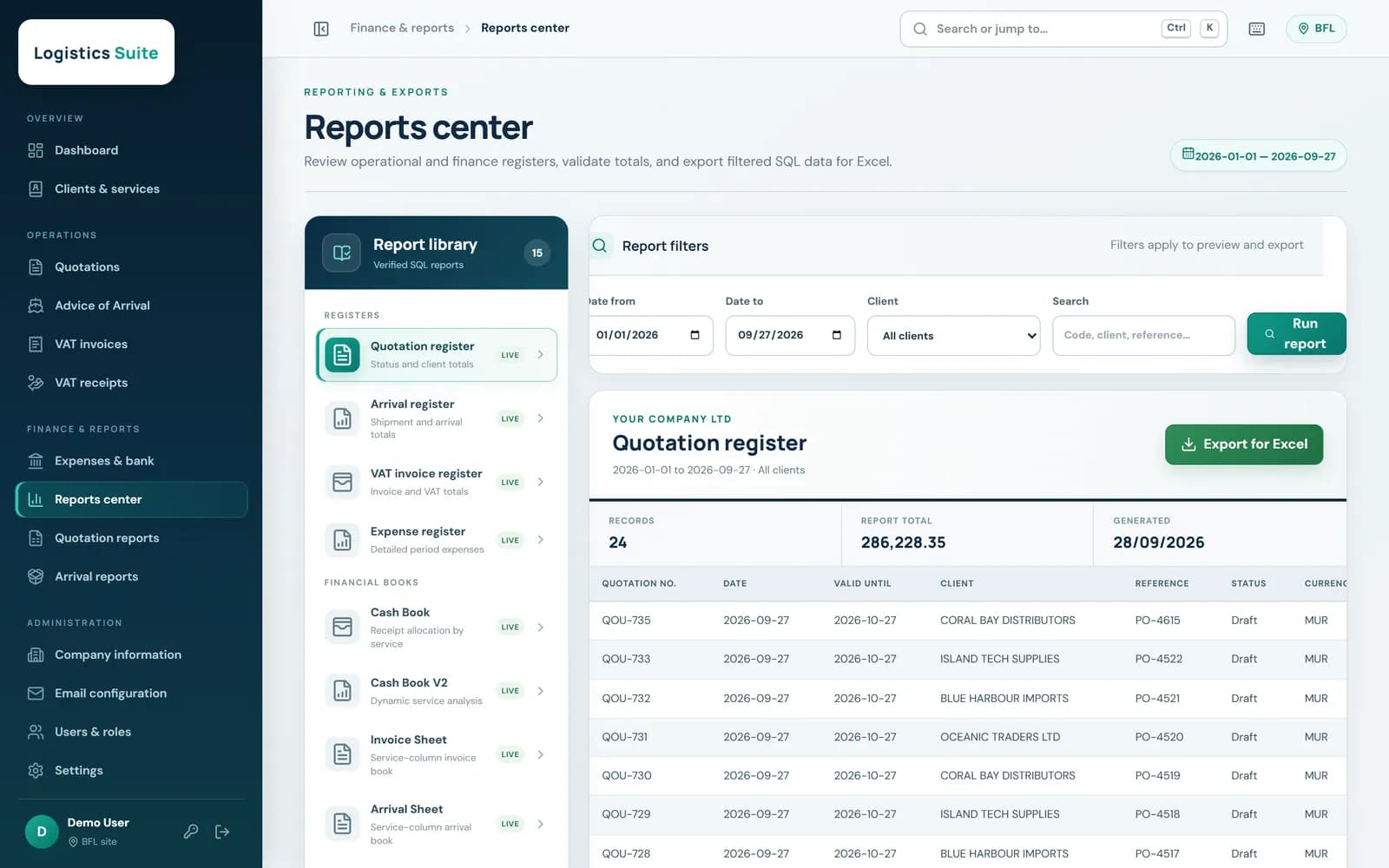 Reports center with the report catalogue, filters and a results grid