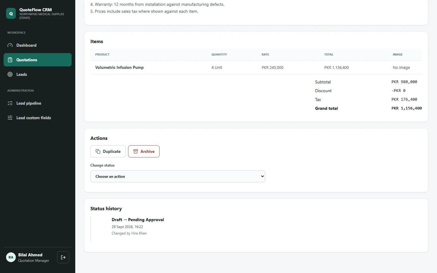 Quotation for Green Valley Clinic (Demo) pending approval, showing totals, the Change status control and status history "Draft → Pending Approval, changed by Hira Khan".