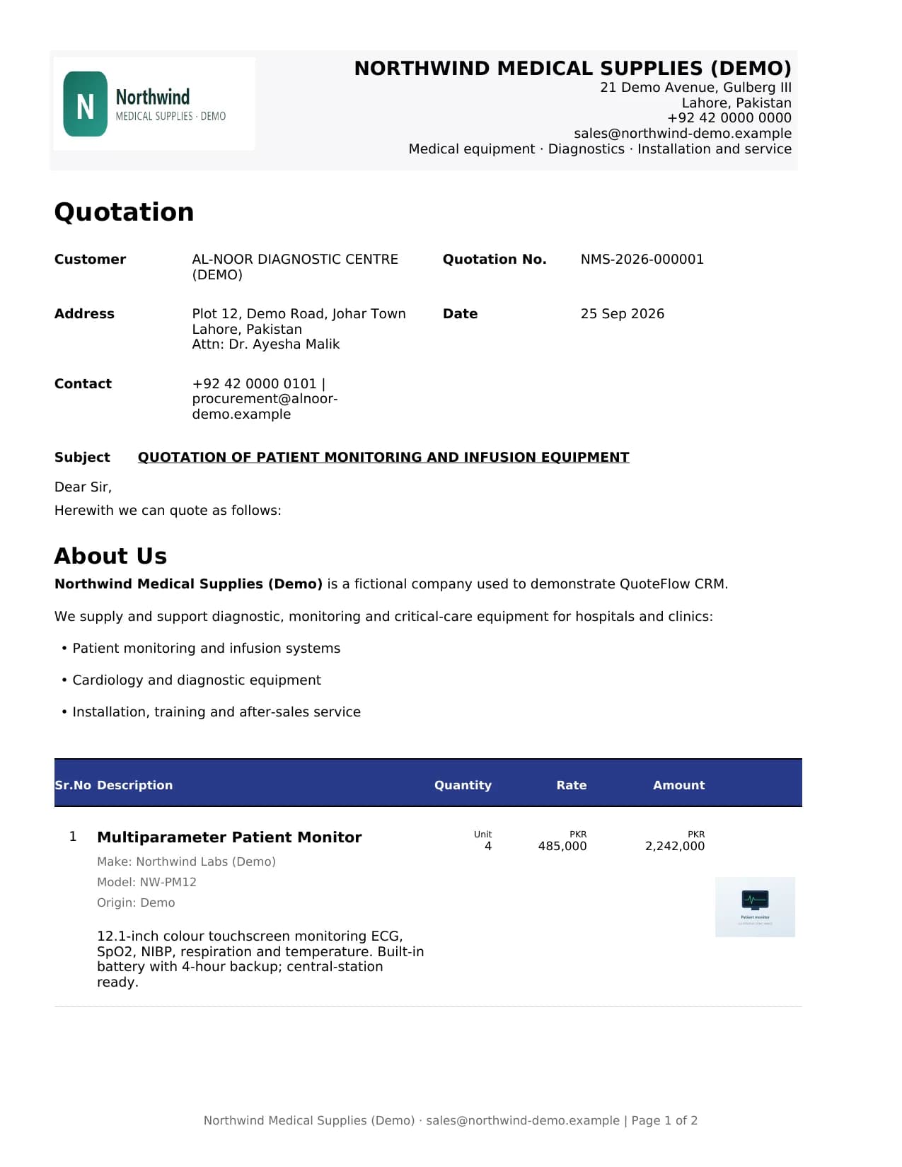 First page of a quotation PDF for Al-Noor Diagnostic Centre (Demo) with the Northwind logo, company details, subject, cover letter, About Us and the first line item with an image.