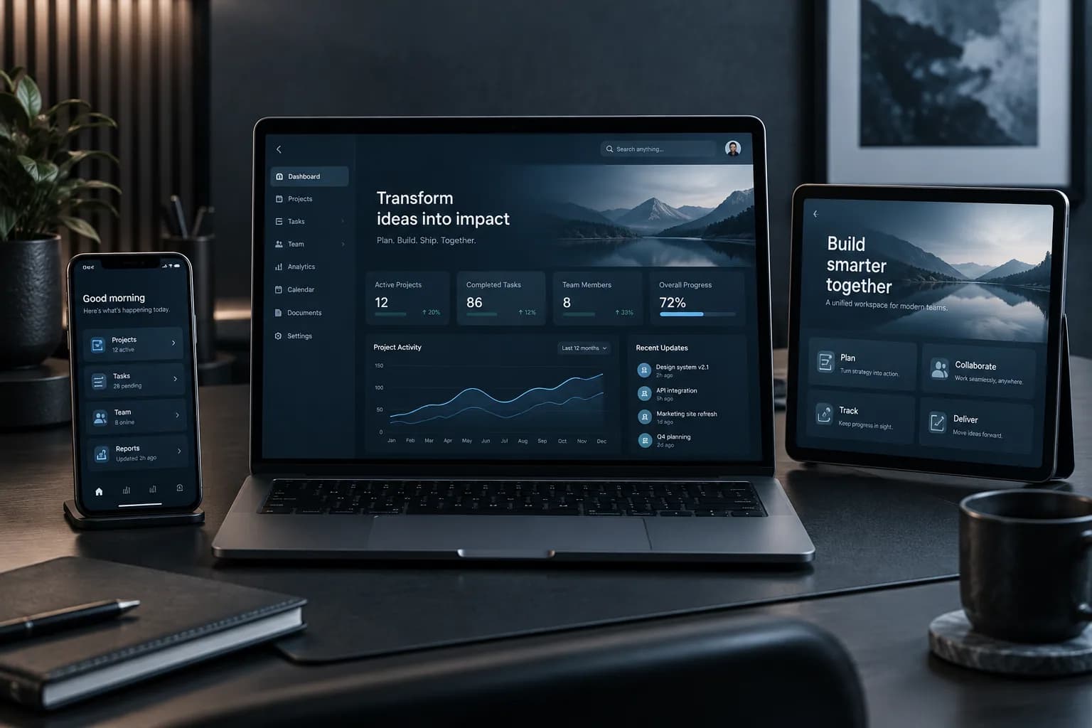 A responsive business application displayed across laptop, tablet, and mobile