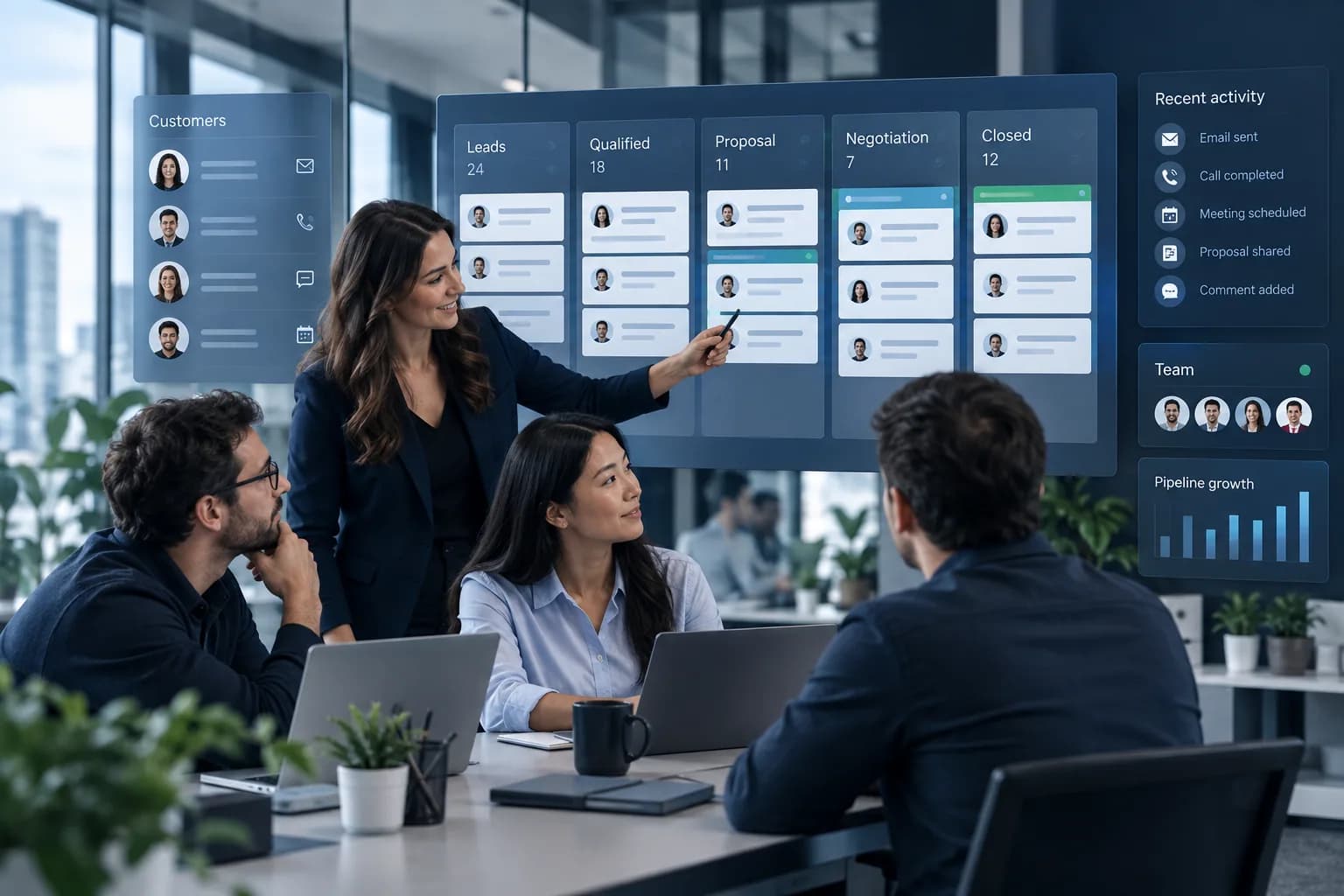 A sales team collaborating around a connected customer and pipeline workspace