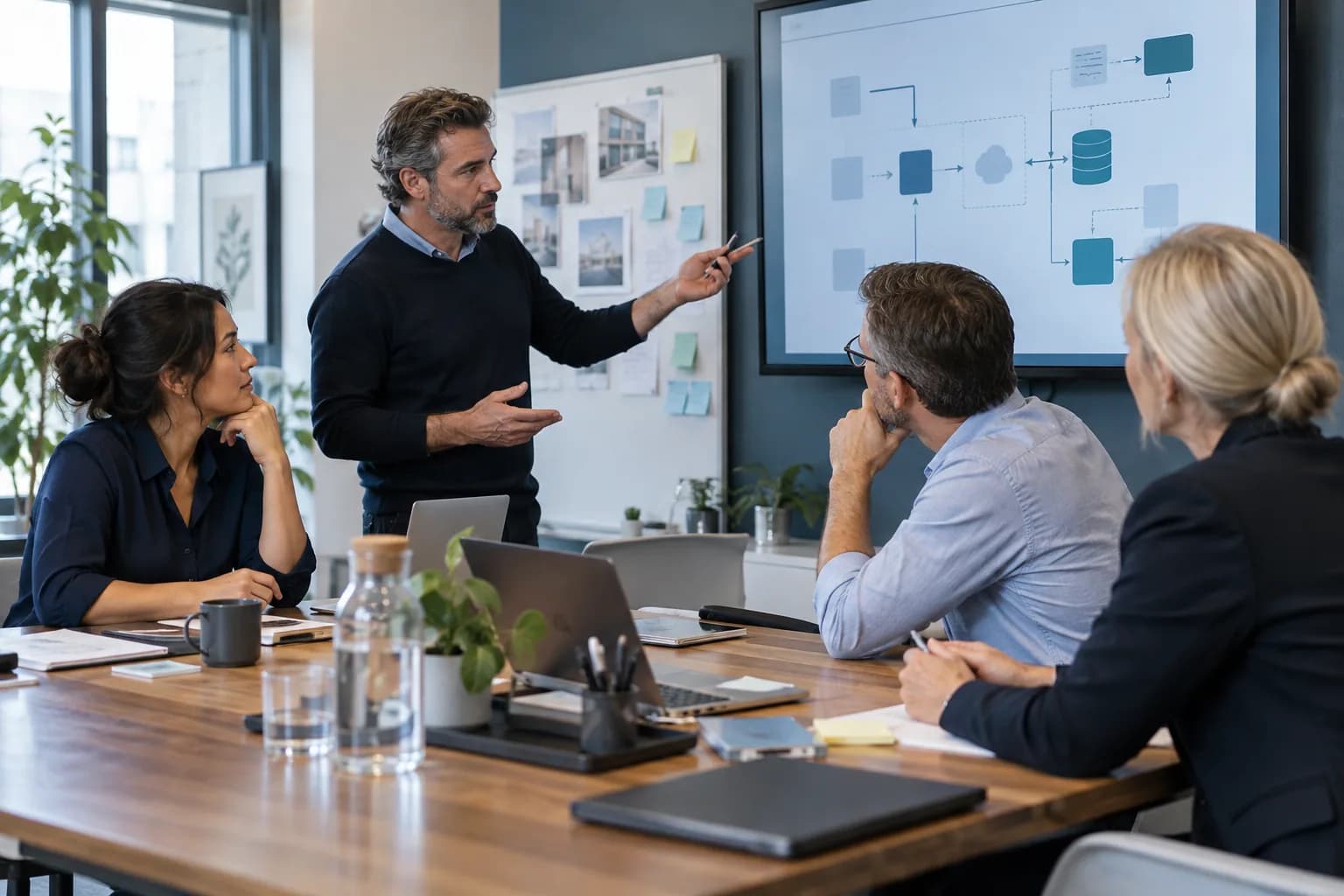 A senior team reviewing a system architecture and technology roadmap
