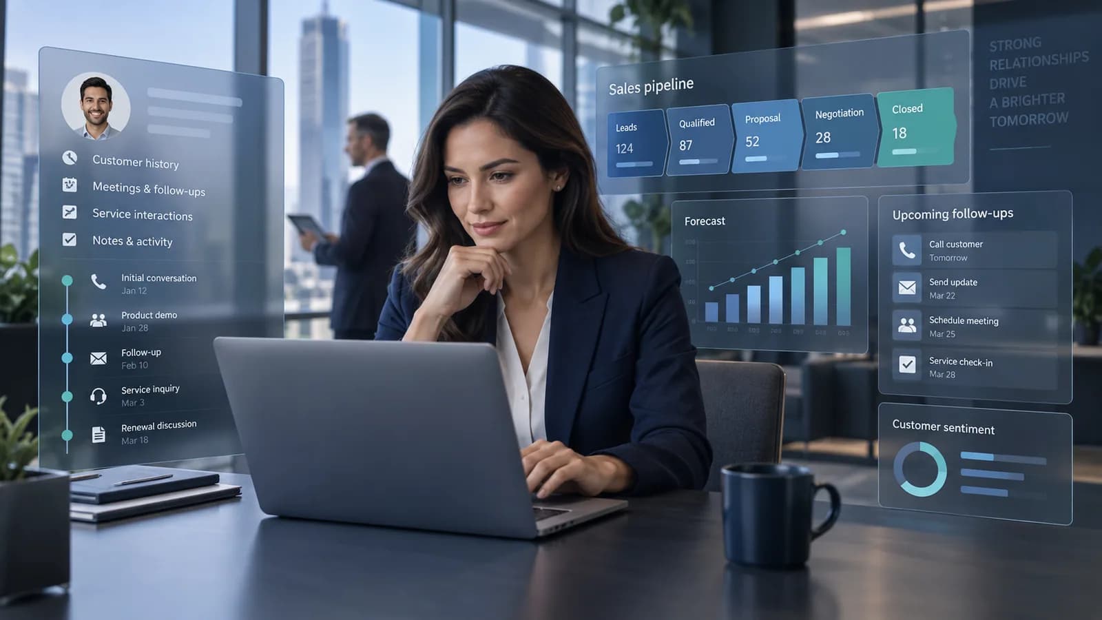 A sales professional reviewing customer history, follow-up, and pipeline insights