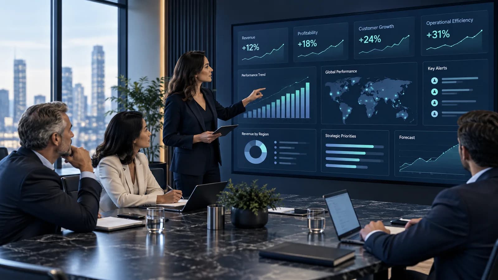 A leadership team reviewing trusted KPIs, trends, alerts, and executive insights