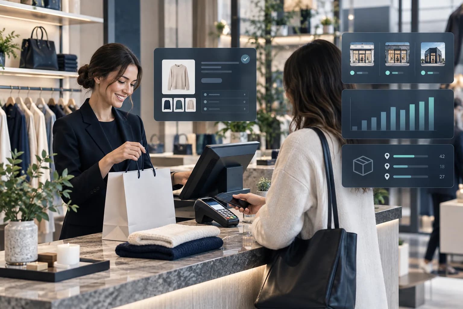 A contemporary retail checkout connected to products, inventory, and branch reporting