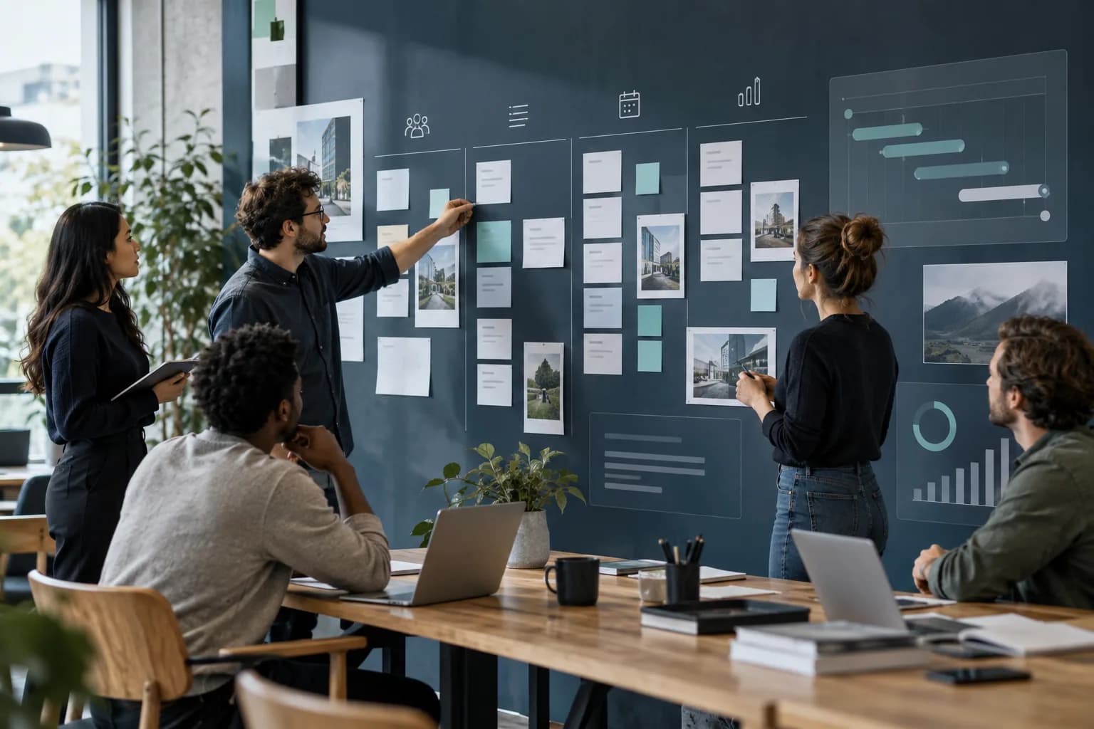 A cross-functional team coordinating work on a shared planning wall