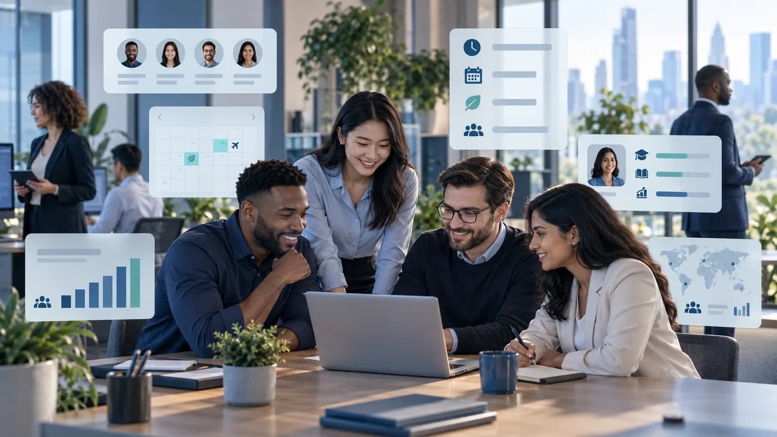 A diverse team using connected workforce planning and development insights